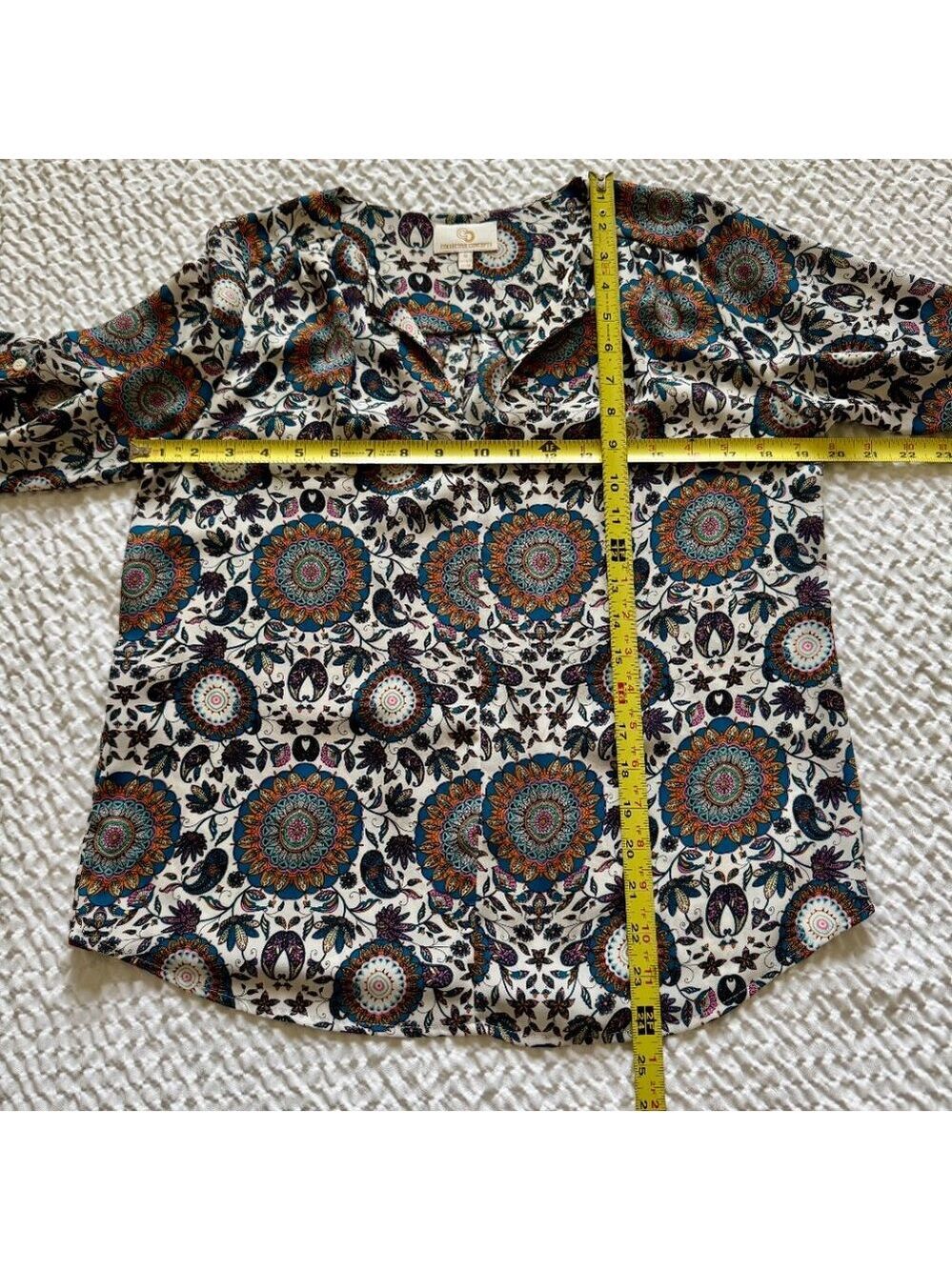 Paisley Print Split V-Neck, 3/4 Sleeve Blouse, Multicolor, Size Small - Picture 8 of 8